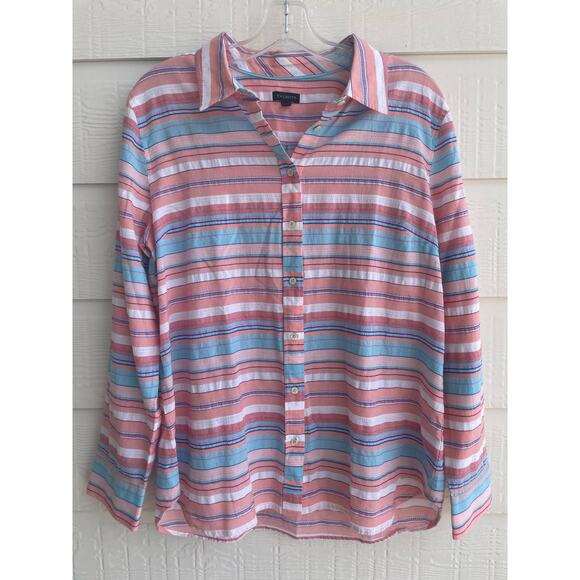 Talbots Pastel Multi Color Stripe button down ladies Large 100% Cotton - Picture 2 of 11